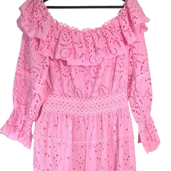 JJ's Fairyland Pink Eyelet Broderie Anglaise Ruffle Off Shoulder Dress Large NWT - Picture 2 of 7